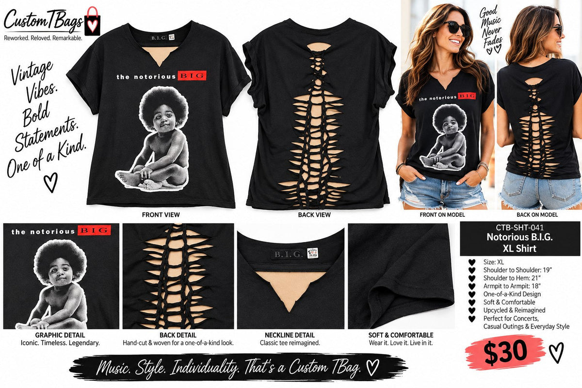 One-of-a-Kind Reworked Notorious B.I.G. Woven-Back Shirt – XL - details and styling