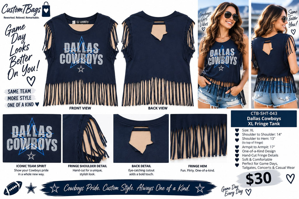 One-of-a-Kind Reworked Dallas Cowboys Fringe Tank – XL - details and styling