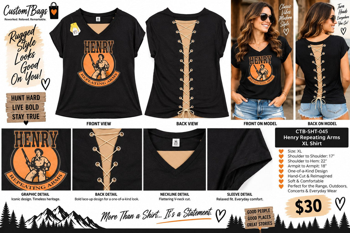 One-of-a-Kind Reworked Henry Repeating Arms Lace-Up Shirt – XL - details and styling