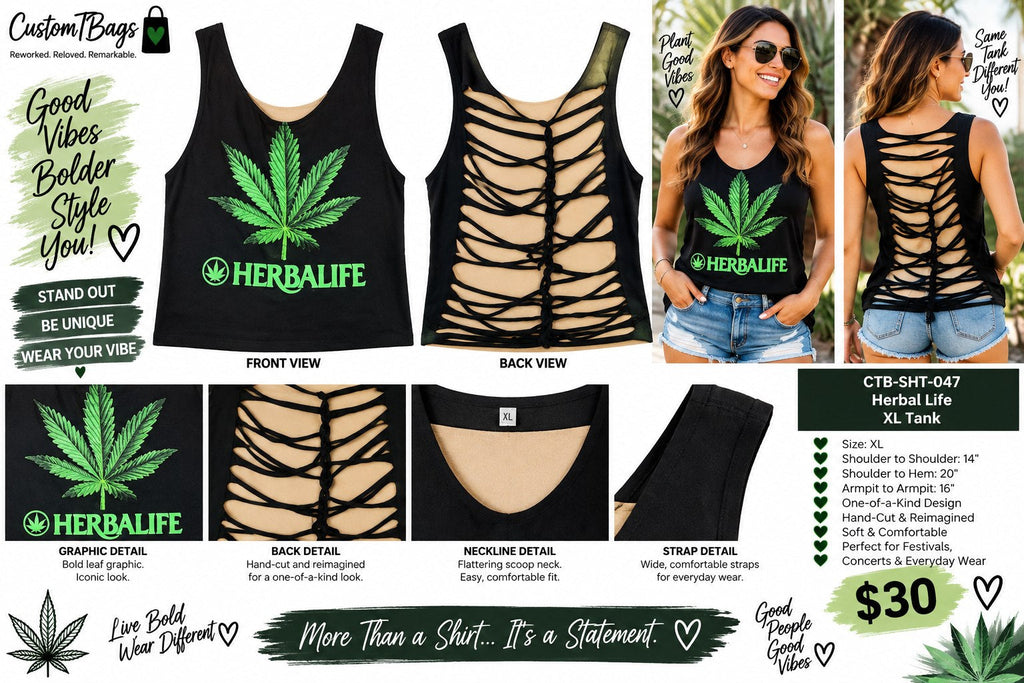 One-of-a-Kind Reworked Herbal Life Open-Back Tank – XL - details and styling