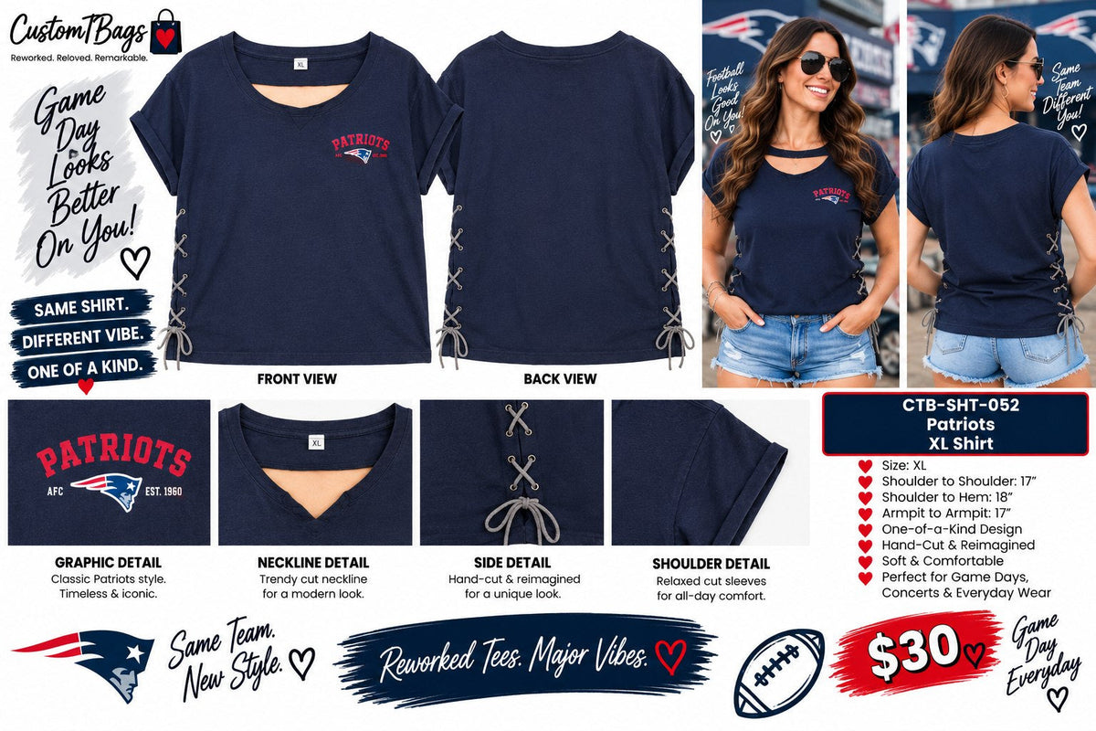 One-of-a-Kind Reworked Patriots Shirt – XL - details and styling