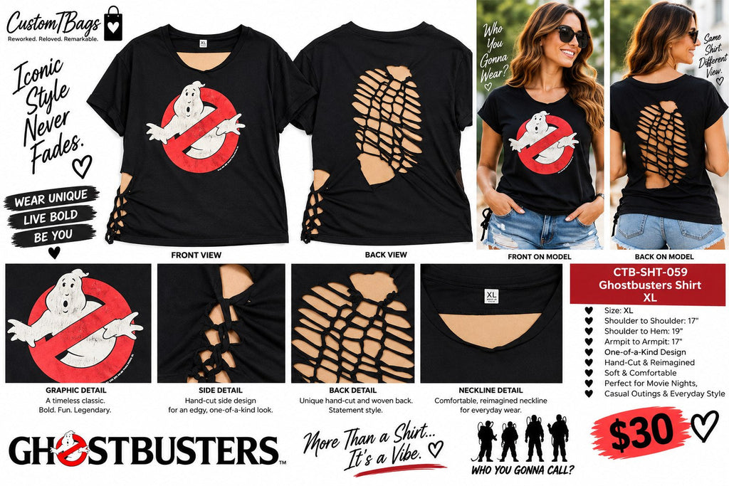 Ghostbusters Shirt – Upcycled One-of-a-Kind Women’s XL Reworked Shirt - details and styling