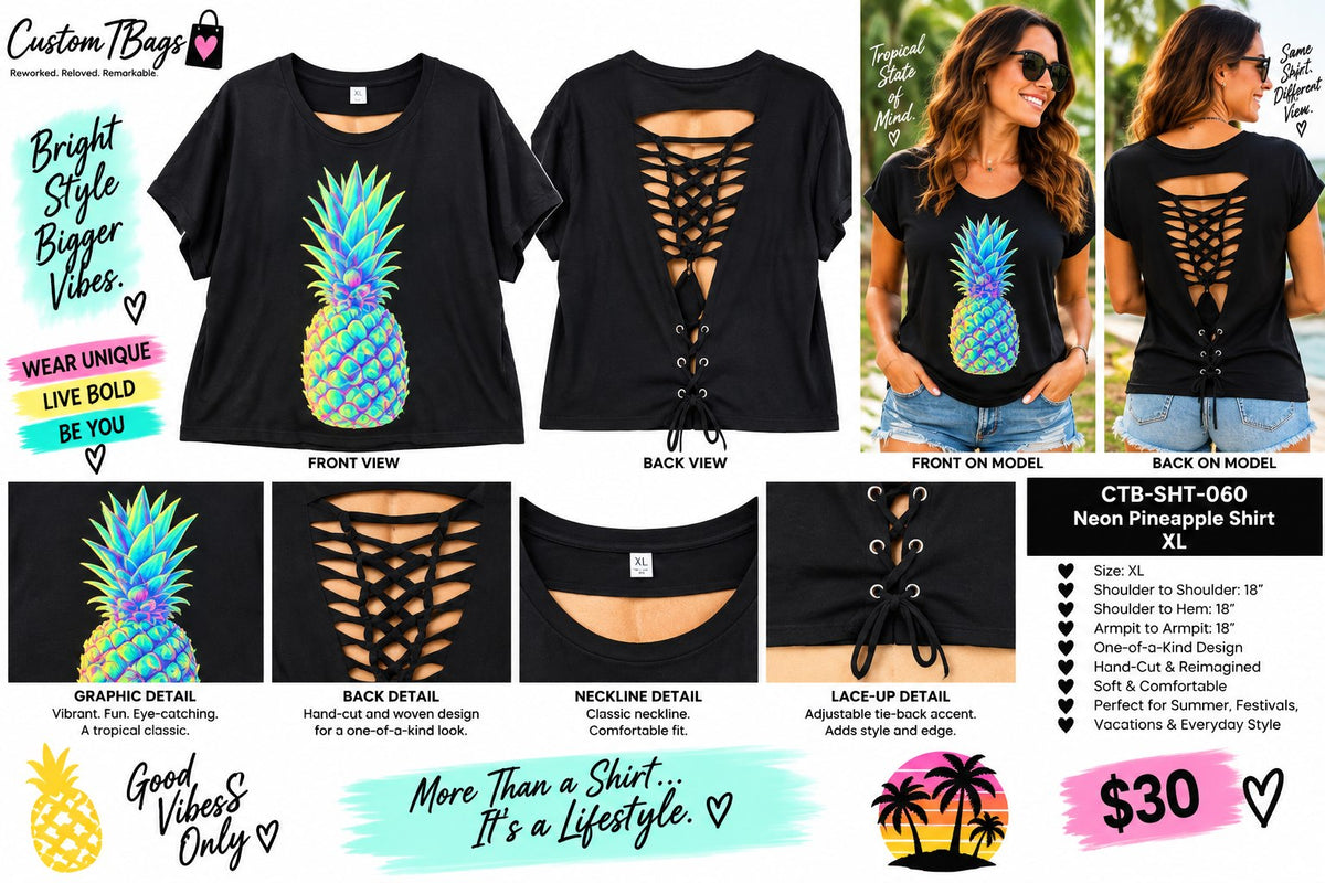 Neon Pineapple Shirt – Upcycled One-of-a-Kind Women’s XL Reworked Shirt - details and styling