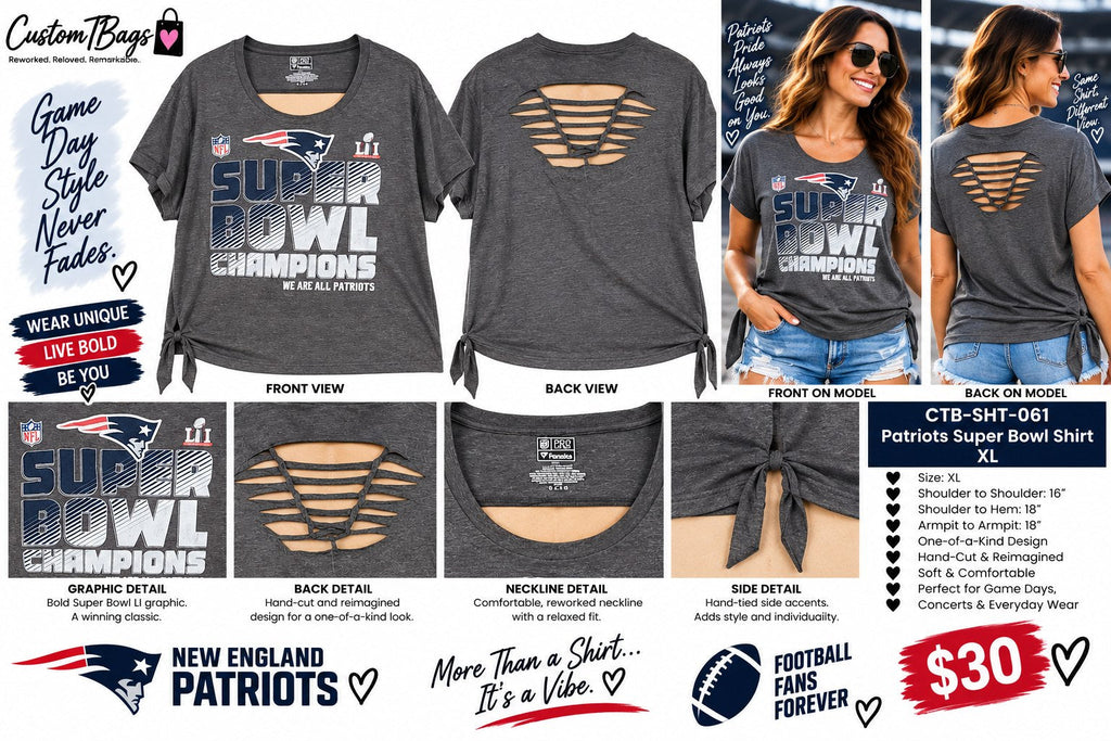 Patriots Super Bowl Shirt – Upcycled One-of-a-Kind Women’s XL Reworked Shirt - details and styling