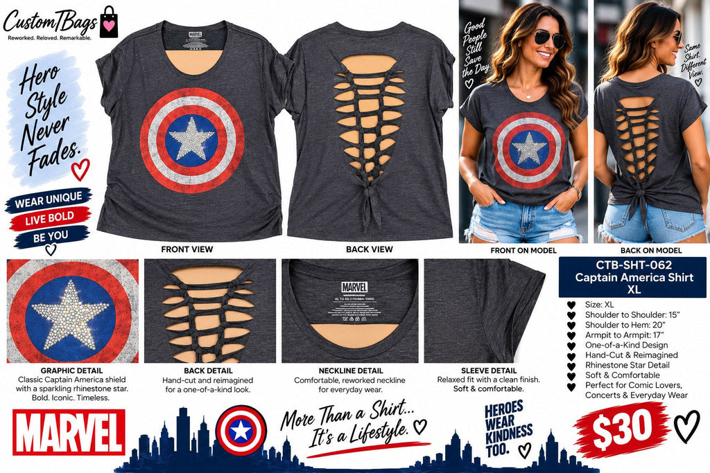 Captain America Shirt – Upcycled One-of-a-Kind Women’s XL Reworked Shirt - details and styling