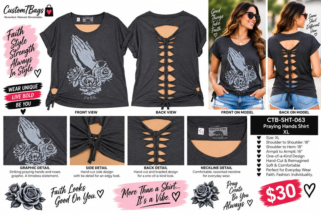 Praying Hands Shirt – Upcycled One-of-a-Kind Women’s XL Reworked Shirt - details and styling