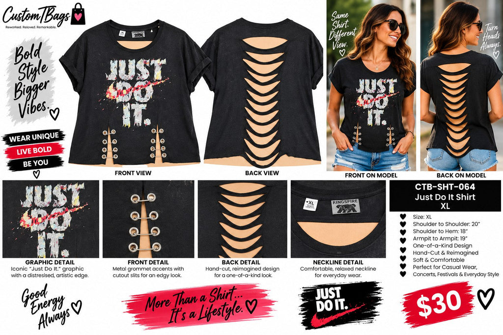 Just Do It Shirt – Upcycled One-of-a-Kind Women’s XL Reworked Shirt - details and styling