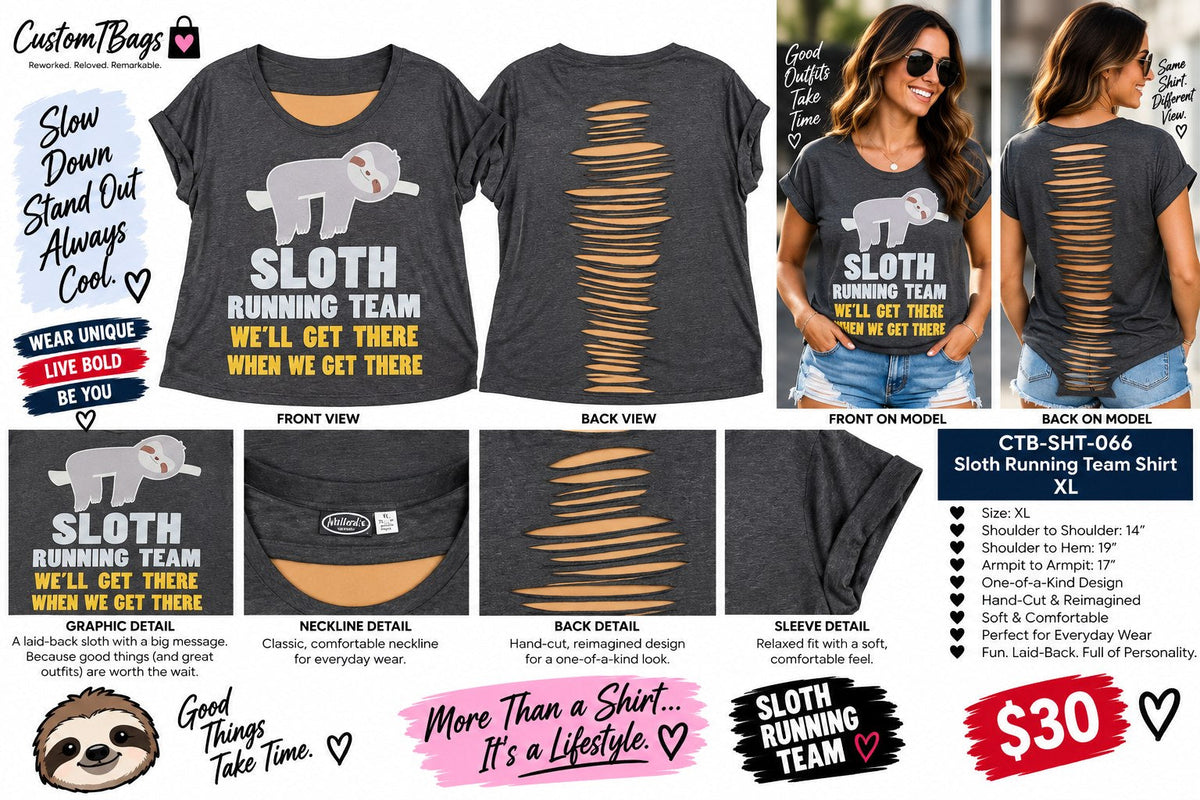 Sloth Running Team Shirt – Upcycled One-of-a-Kind Women’s XL Reworked Shirt - details and styling