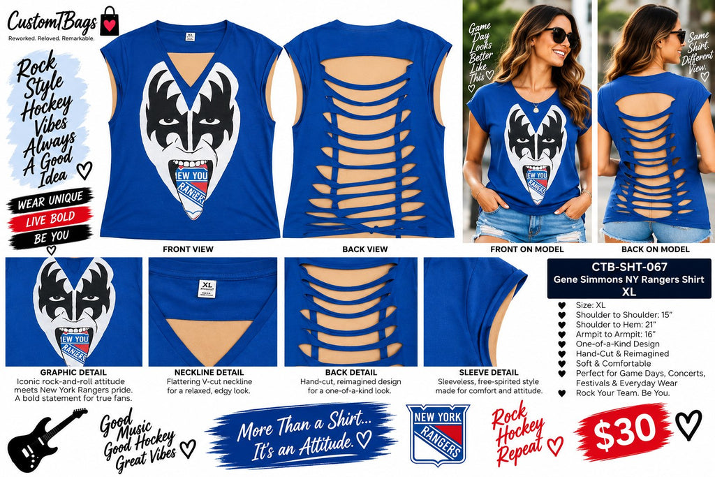 Gene Simmons NY Rangers Shirt – Upcycled One-of-a-Kind Women’s XL Reworked Shirt - details and styling