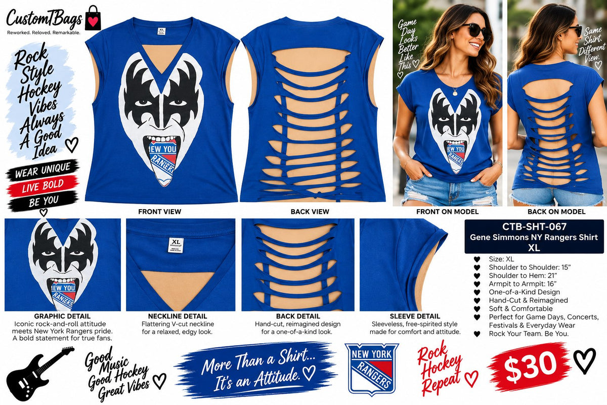 Gene Simmons NY Rangers Shirt – Upcycled One-of-a-Kind Women’s XL Reworked Shirt - details and styling