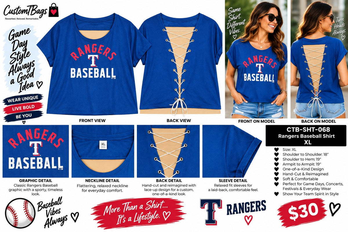 Rangers Baseball Shirt – Upcycled One-of-a-Kind Women’s XL Reworked Shirt - details and styling