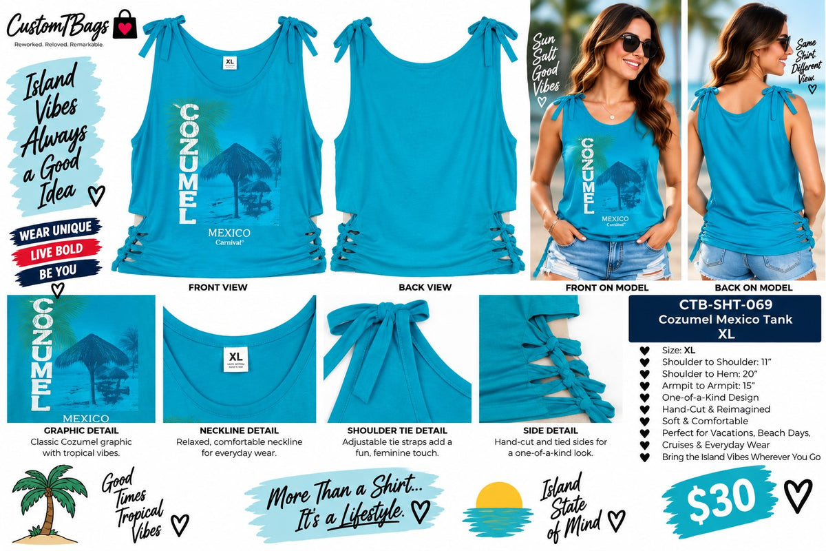 Cozumel Mexico Tank – Upcycled One-of-a-Kind Women’s XL Reworked Tank - details and styling