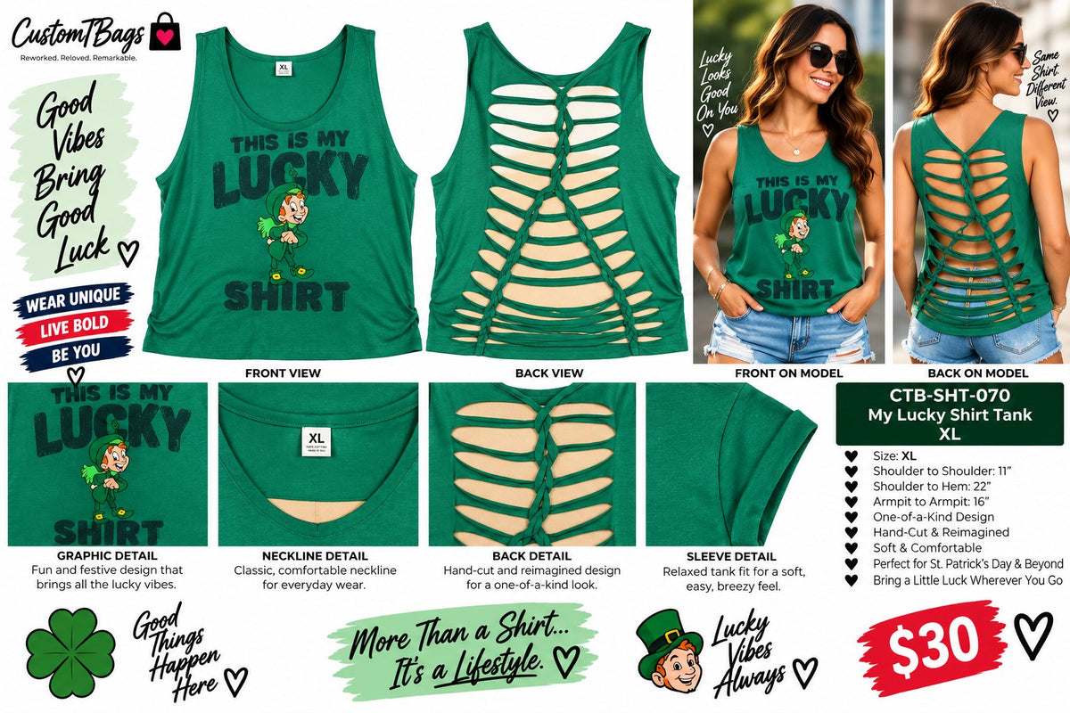 My Lucky Shirt Tank – Upcycled One-of-a-Kind Women’s XL Reworked Tank - details and styling