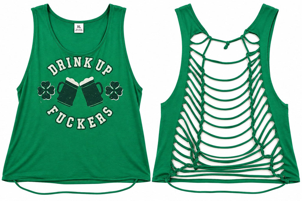 Drink Up Fuckers Tank – Upcycled One-of-a-Kind Women’s XL Reworked Tank - details and styling