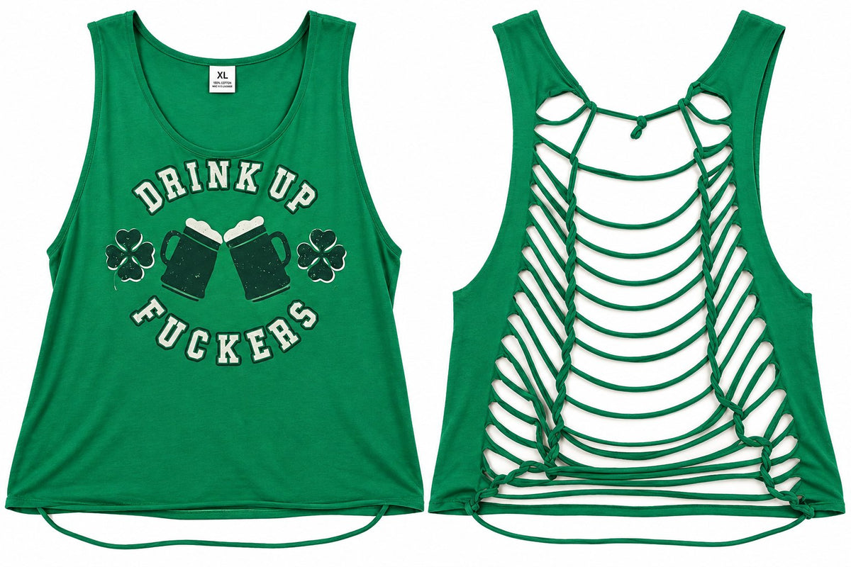 Drink Up Fuckers Tank – Upcycled One-of-a-Kind Women’s XL Reworked Tank - details and styling