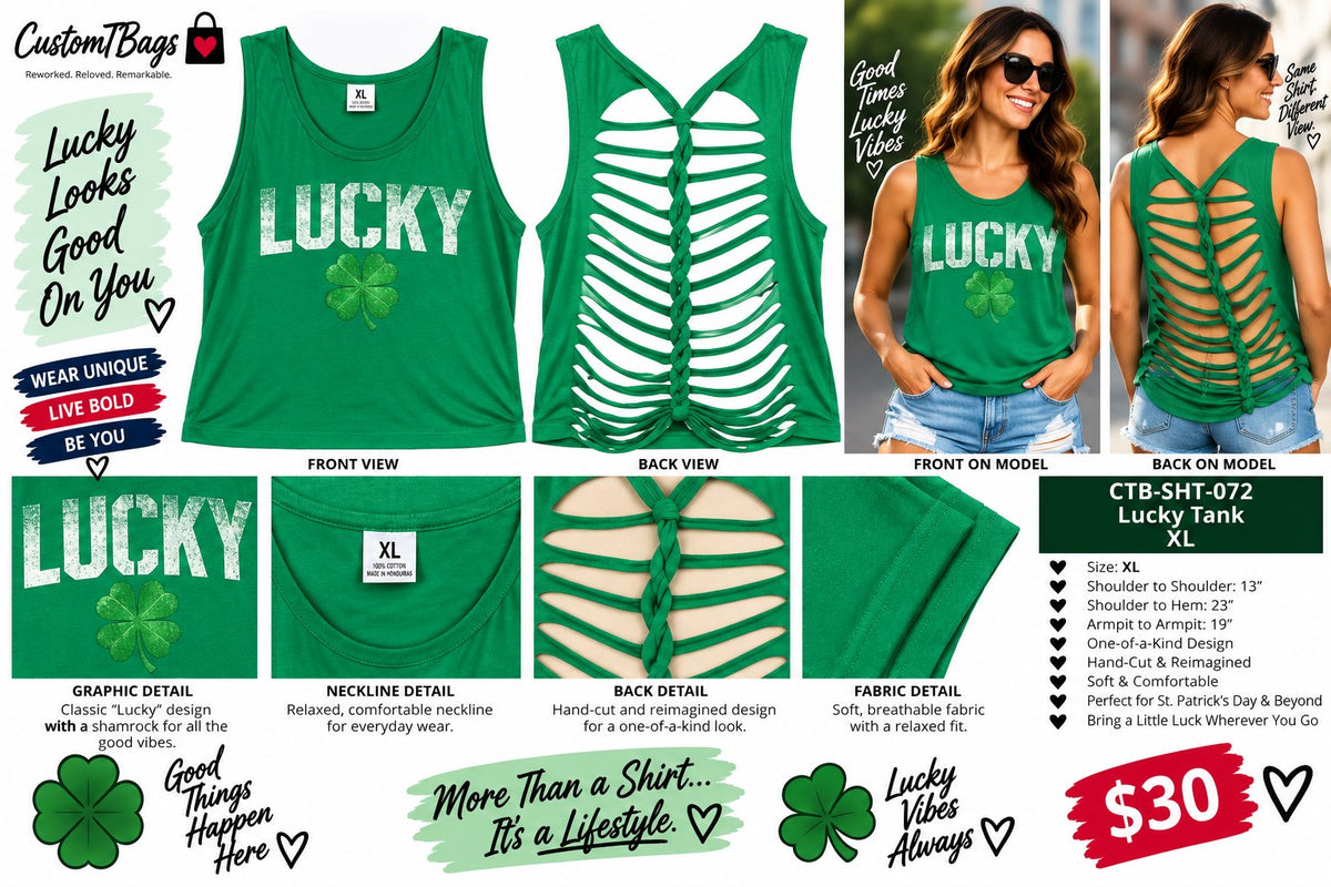 Lucky Tank – Upcycled One-of-a-Kind Women’s XL Reworked Tank - details and styling