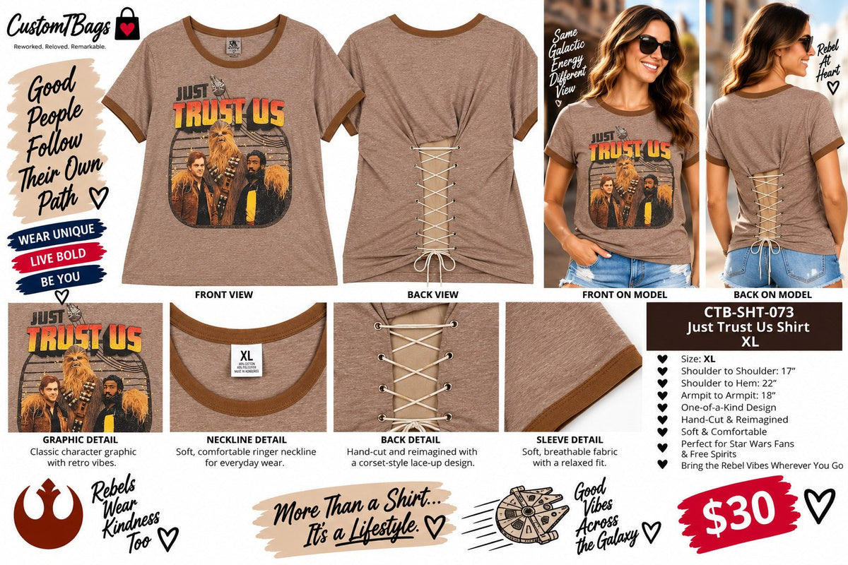 Just Trust Us Shirt – Upcycled One-of-a-Kind Women’s XL Reworked Shirt - details and styling