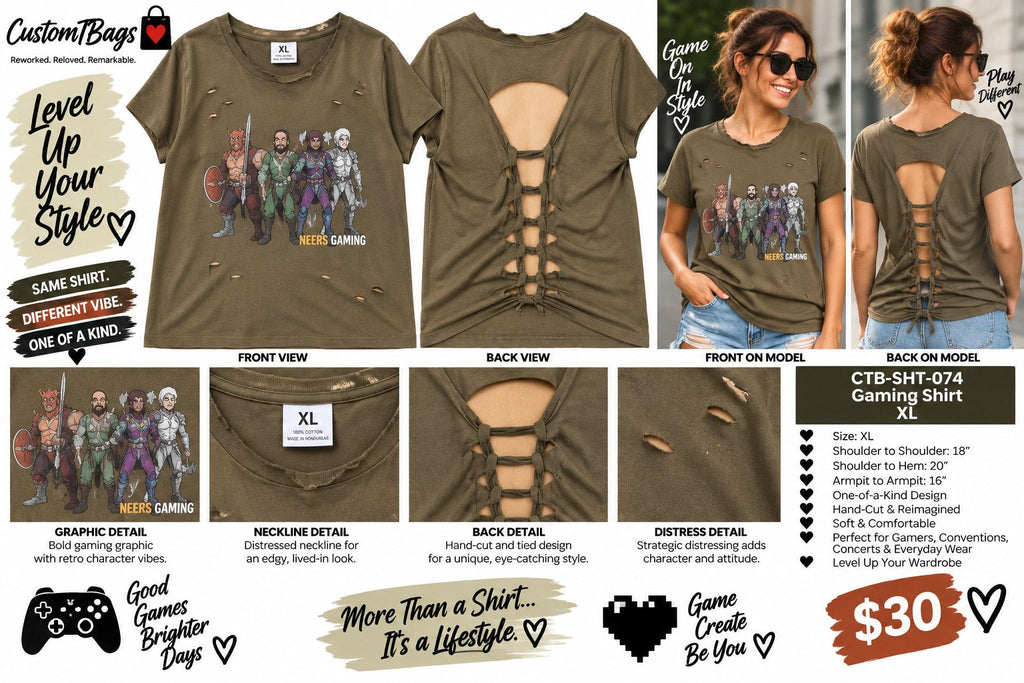 Gaming Shirt – Upcycled One-of-a-Kind Women’s XL Reworked Shirt - details and styling