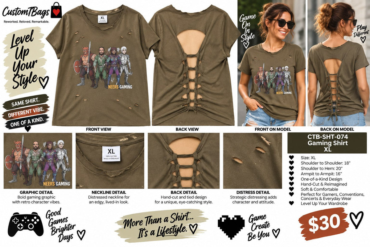 Gaming Shirt – Upcycled One-of-a-Kind Women’s XL Reworked Shirt - details and styling