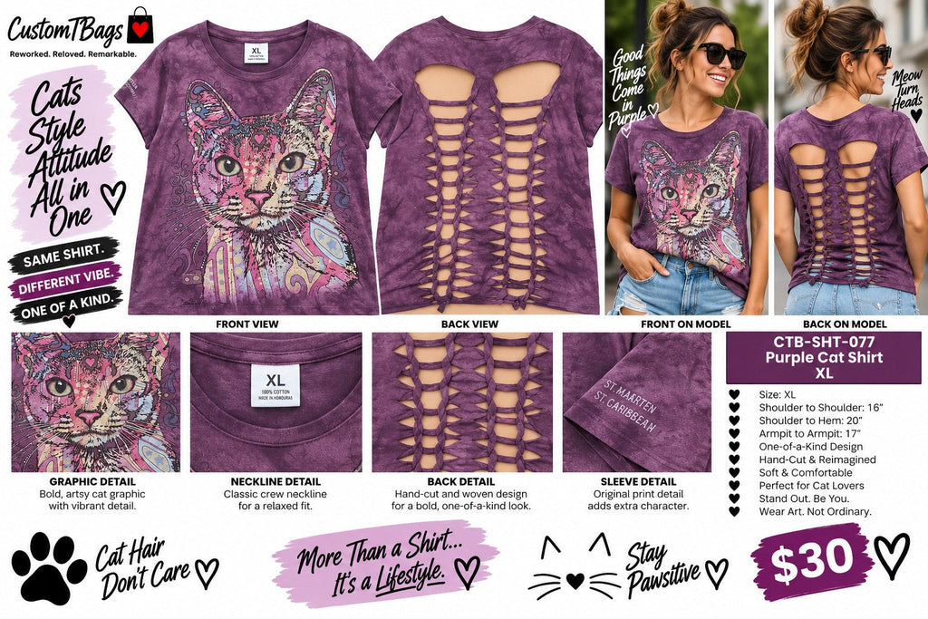 Purple Cat Shirt – Upcycled One-of-a-Kind Women’s XL Reworked Shirt - details and styling