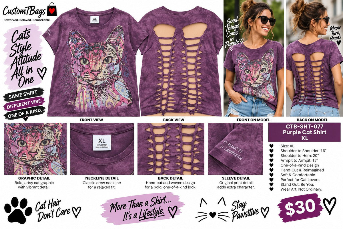 Purple Cat Shirt – Upcycled One-of-a-Kind Women’s XL Reworked Shirt - details and styling