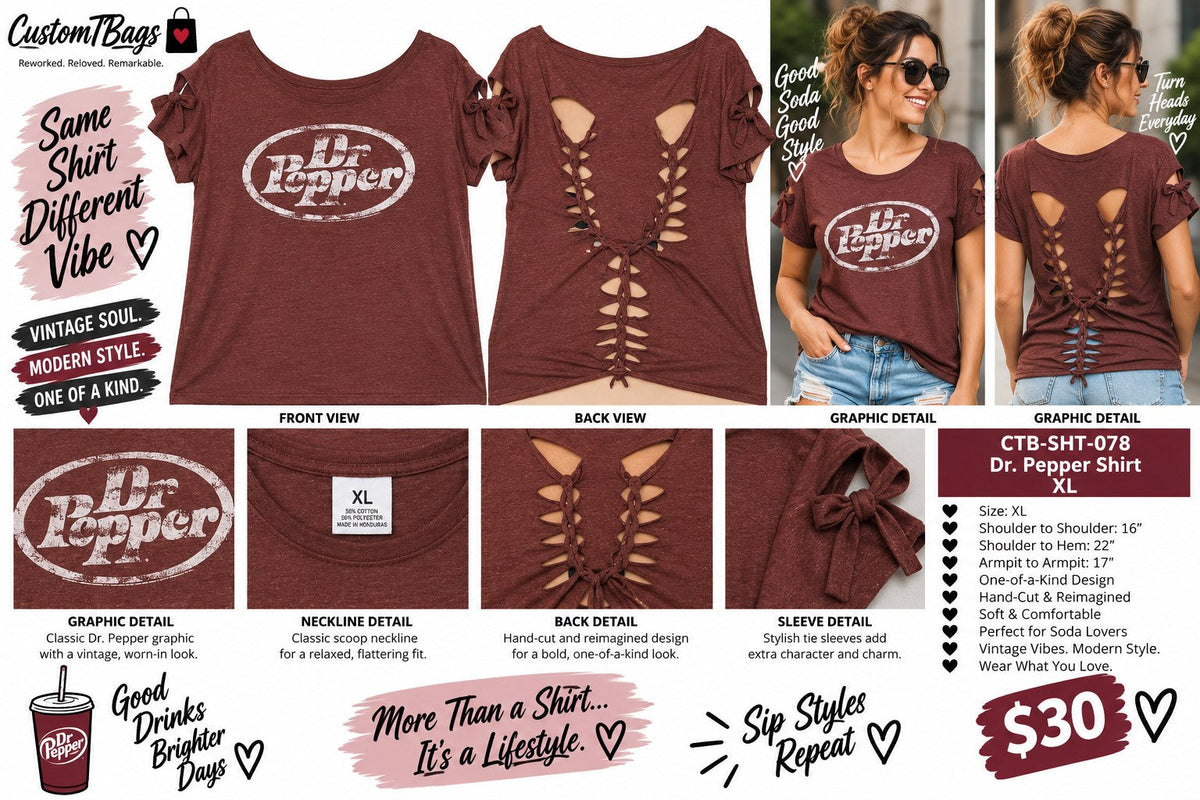 Dr. Pepper Shirt – Upcycled One-of-a-Kind Women’s XL Reworked Shirt - details and styling