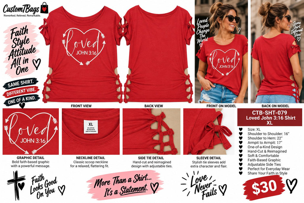 Loved John 3:16 Shirt – Upcycled One-of-a-Kind Women’s XL Reworked Shirt - details and styling