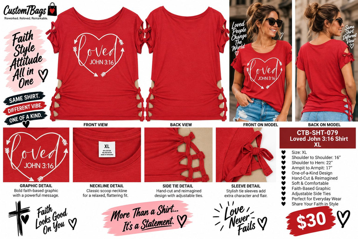 Loved John 3:16 Shirt – Upcycled One-of-a-Kind Women’s XL Reworked Shirt - details and styling