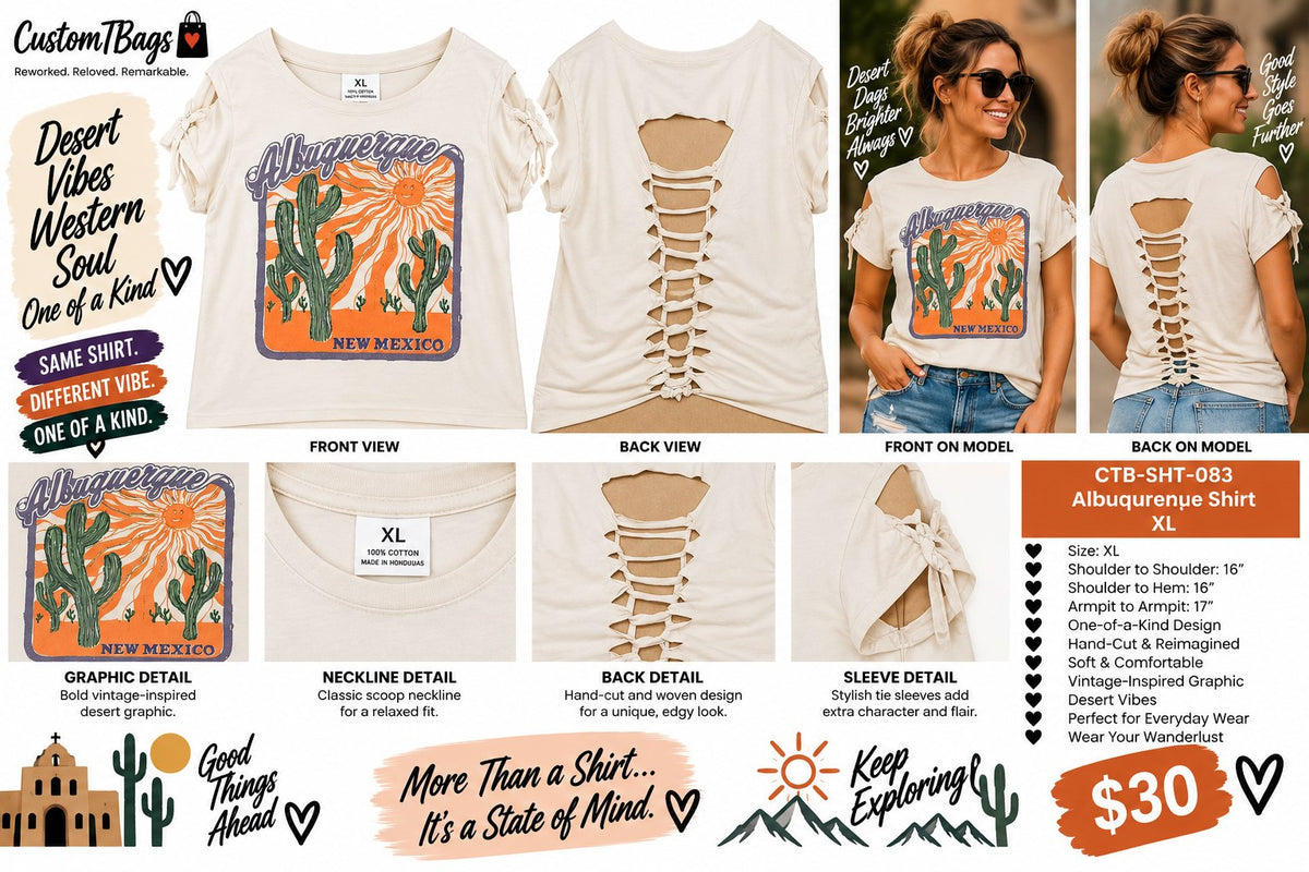 Albuquerque New Mexico Shirt – Upcycled One-of-a-Kind Women’s XL Reworked Shirt - details and styling