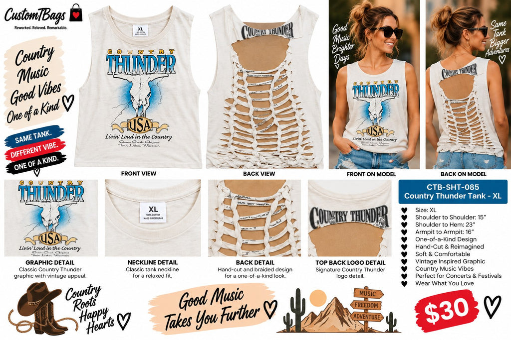 Country Thunder Tank – Upcycled One-of-a-Kind Women’s XL Reworked Tank - details and styling