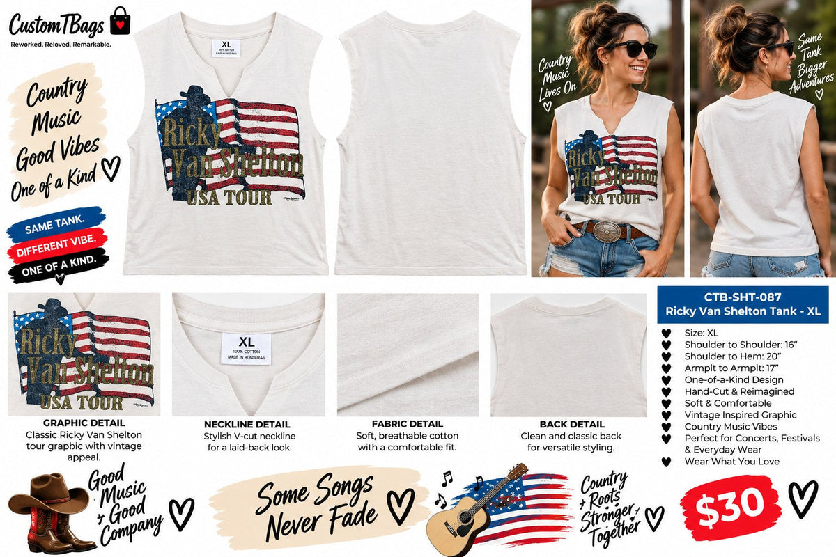Ricky Van Shelton USA Tour Tank – Upcycled One-of-a-Kind Women’s XL Reworked Tank - details and styling