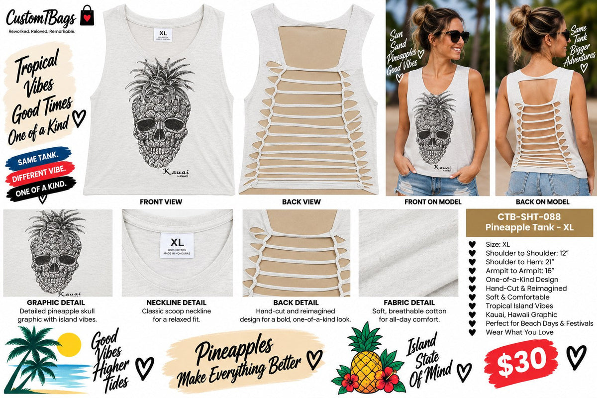 Pineapple Tank – Upcycled One-of-a-Kind Women’s XL Reworked Tank - details and styling