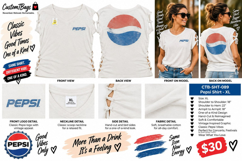 Pepsi Shirt – Upcycled One-of-a-Kind Women’s XL Reworked Shirt - details and styling