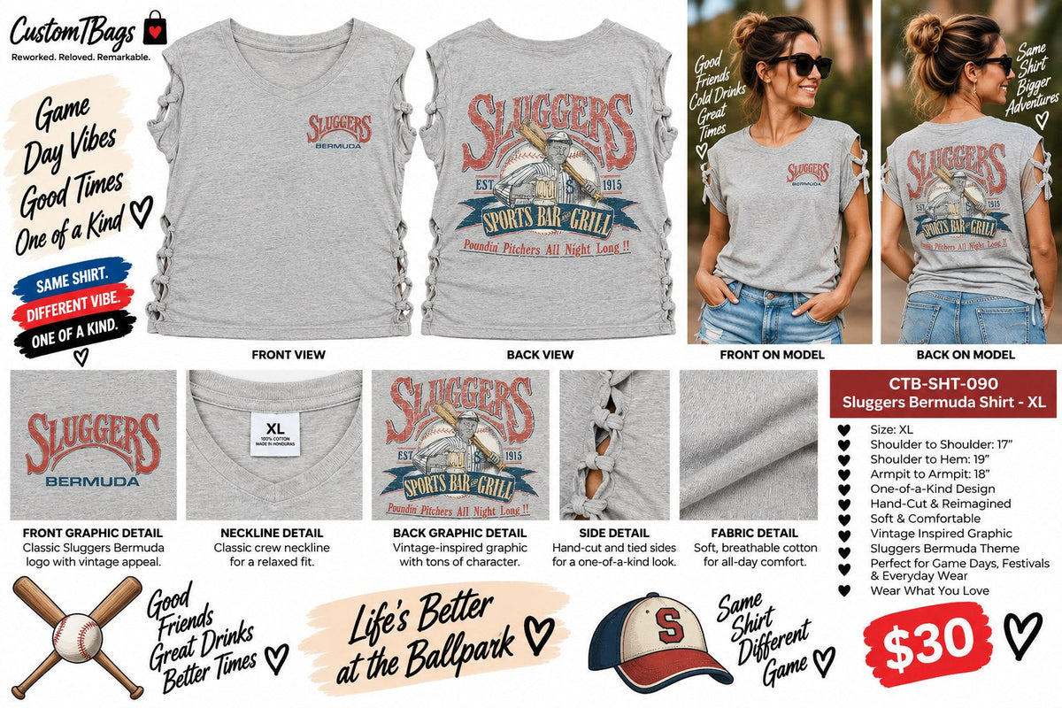Sluggers Bermuda Shirt – Upcycled One-of-a-Kind Women’s XL Reworked Shirt - details and styling