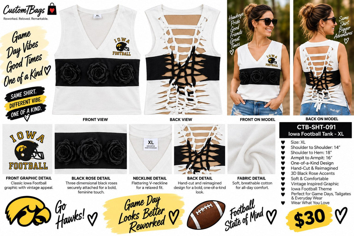 Iowa Football Tank – Upcycled One-of-a-Kind Women’s XL Reworked Tank - details and styling