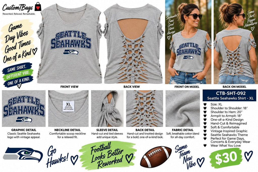 Seattle Seahawks Shirt – Upcycled One-of-a-Kind Women’s XL Reworked Shirt - details and styling