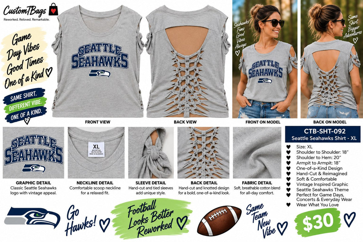 Seattle Seahawks Shirt – Upcycled One-of-a-Kind Women’s XL Reworked Shirt - details and styling