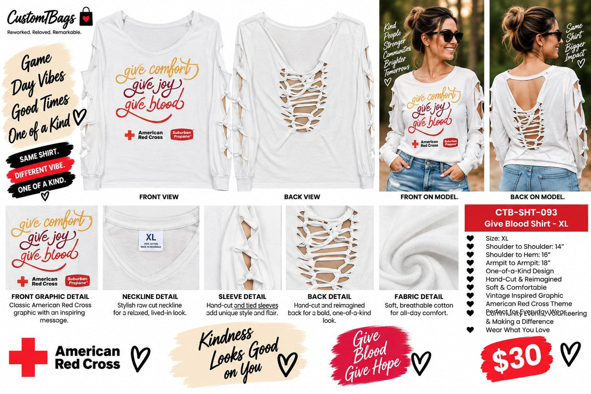 Give Blood Shirt – Upcycled One-of-a-Kind Women’s XL Reworked Shirt - details and styling