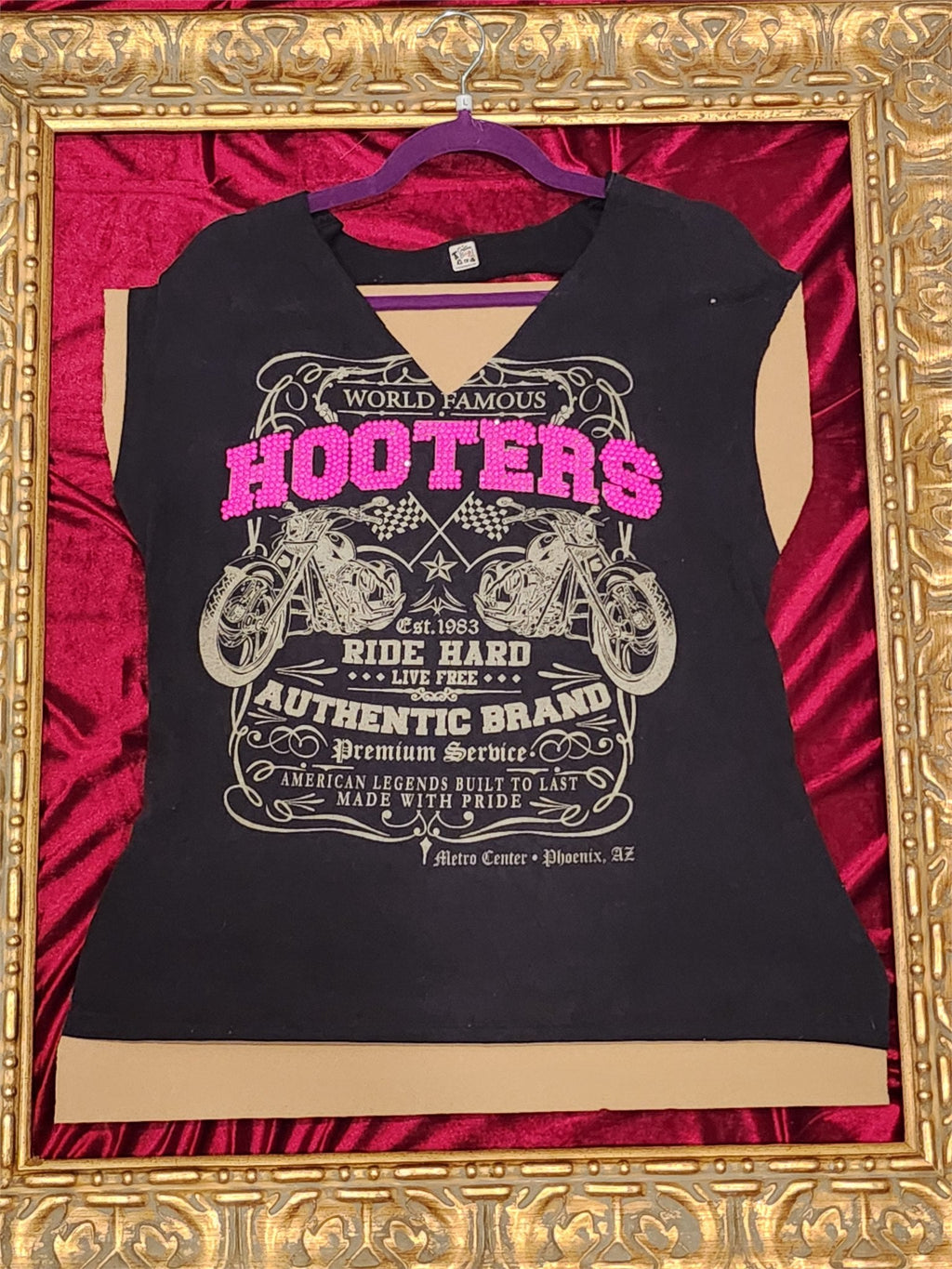 Hooters Rhinestone Cutout Shirt – One-of-a-Kind Women’s Large Reworked Top