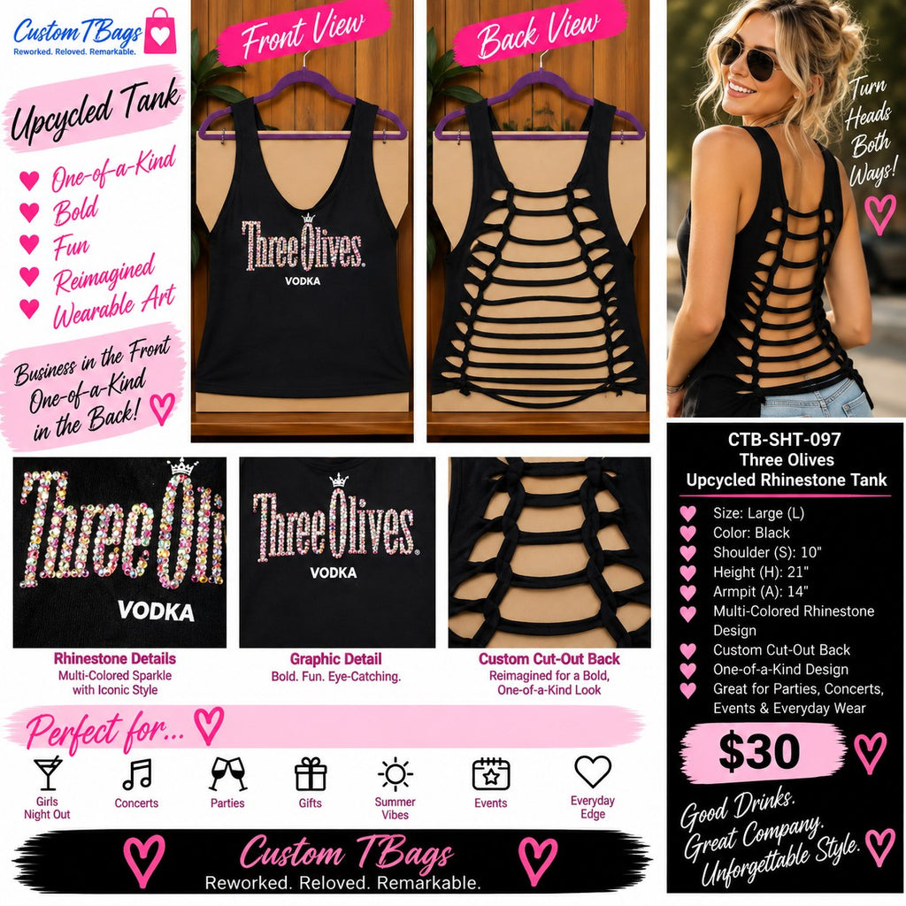 Three Olives Rhinestone Cutout Tank – One-of-a-Kind Women’s Large Reworked Top - details and styling