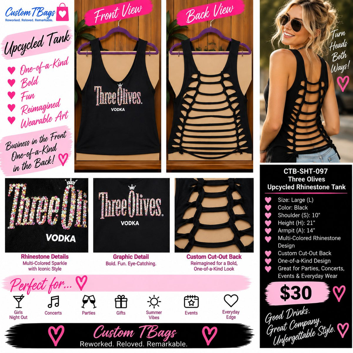 Three Olives Rhinestone Cutout Tank – One-of-a-Kind Women’s Large Reworked Top - details and styling