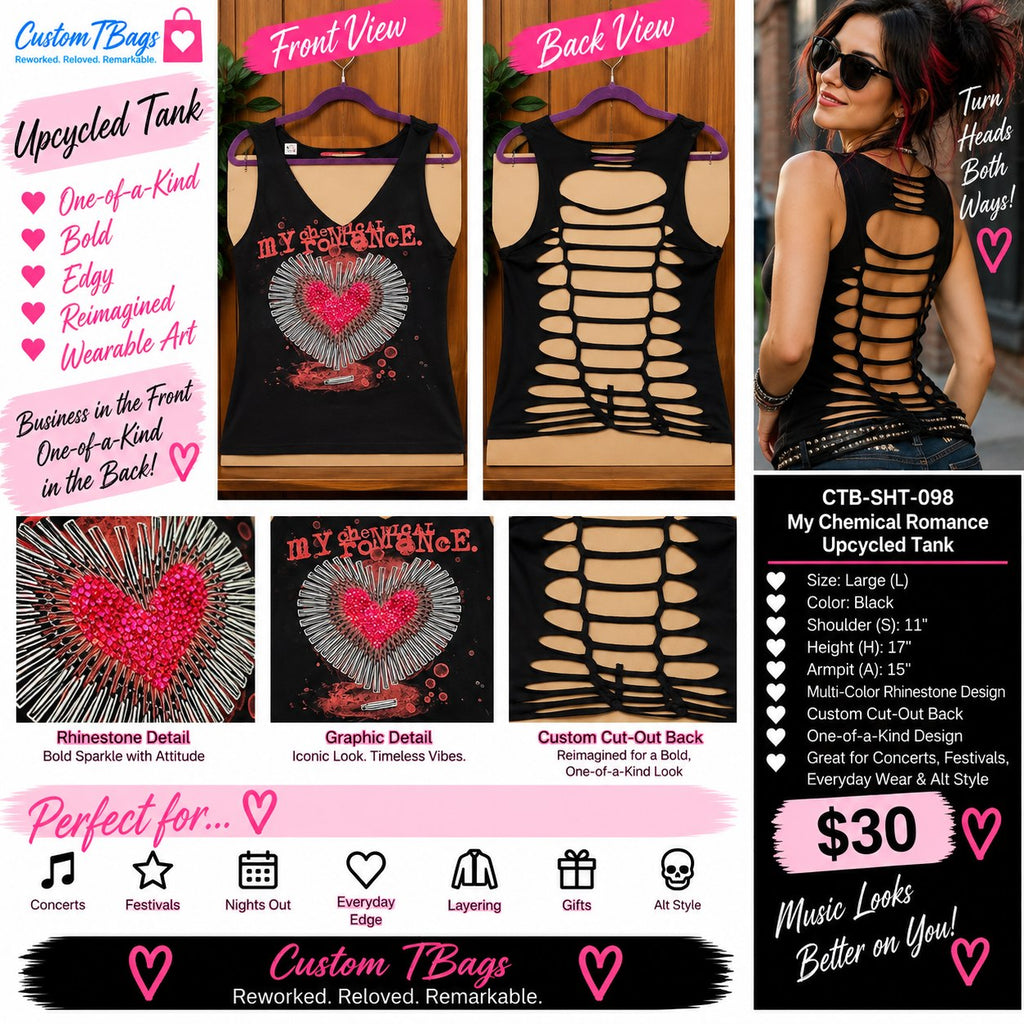 My Chemical Romance Rhinestone Cutout Tank – One-of-a-Kind Women’s Large Reworked Top - details and styling
