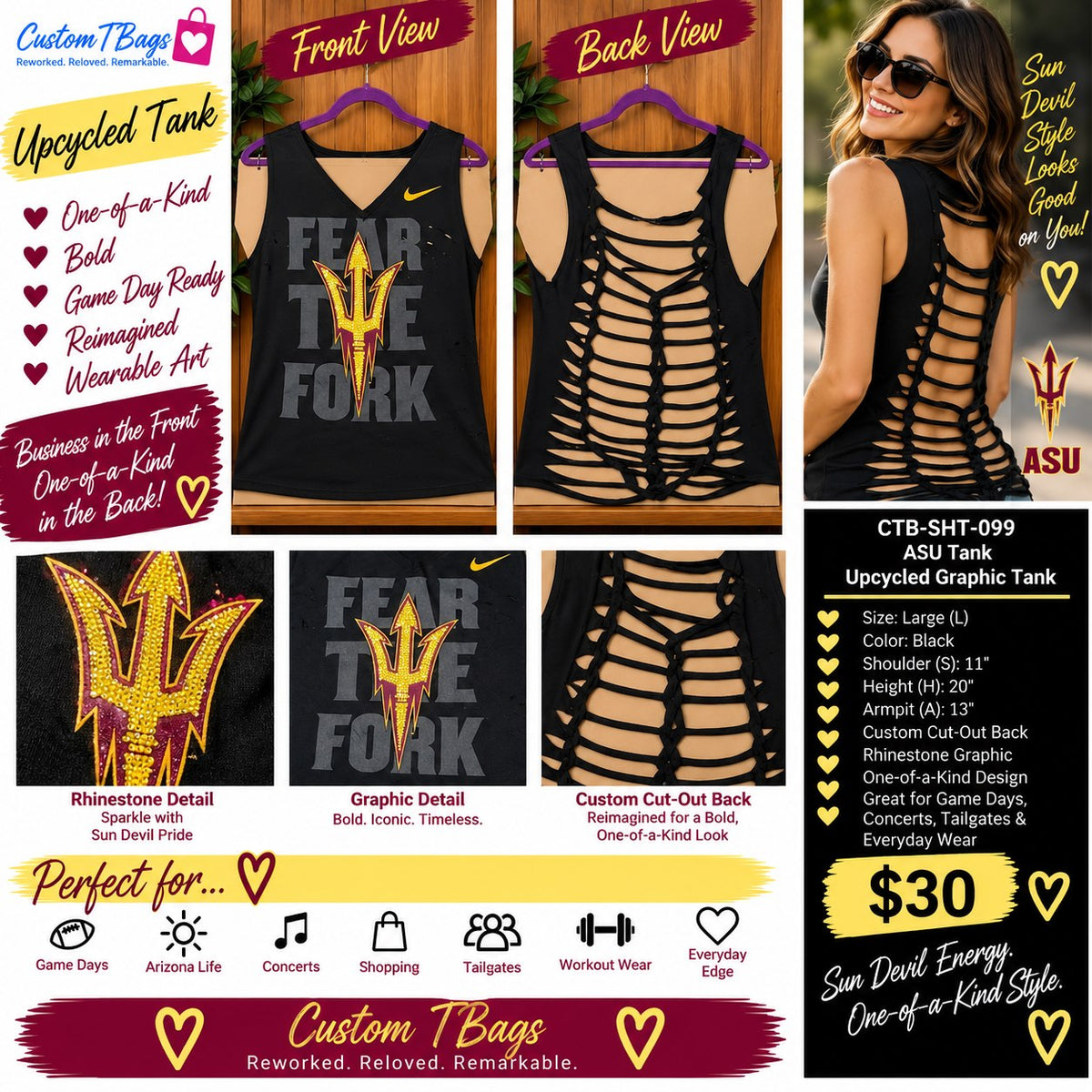 ASU Fear the Fork Rhinestone Cutout Tank – One-of-a-Kind Women’s Large Reworked Top - details and styling