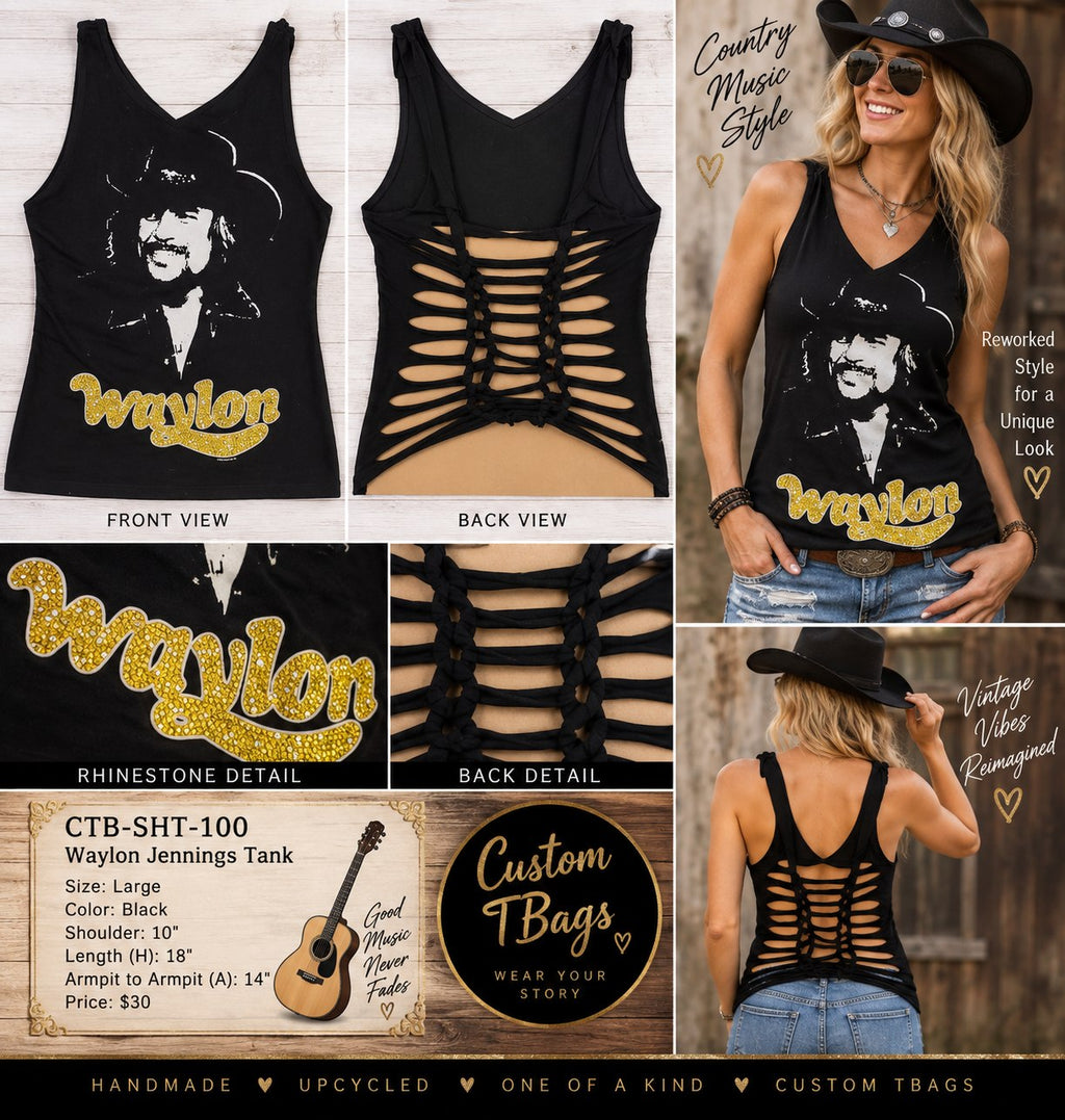 Waylon Jennings Rhinestone Open-Back Tank – One-of-a-Kind Women’s Large Reworked Top - details and styling
