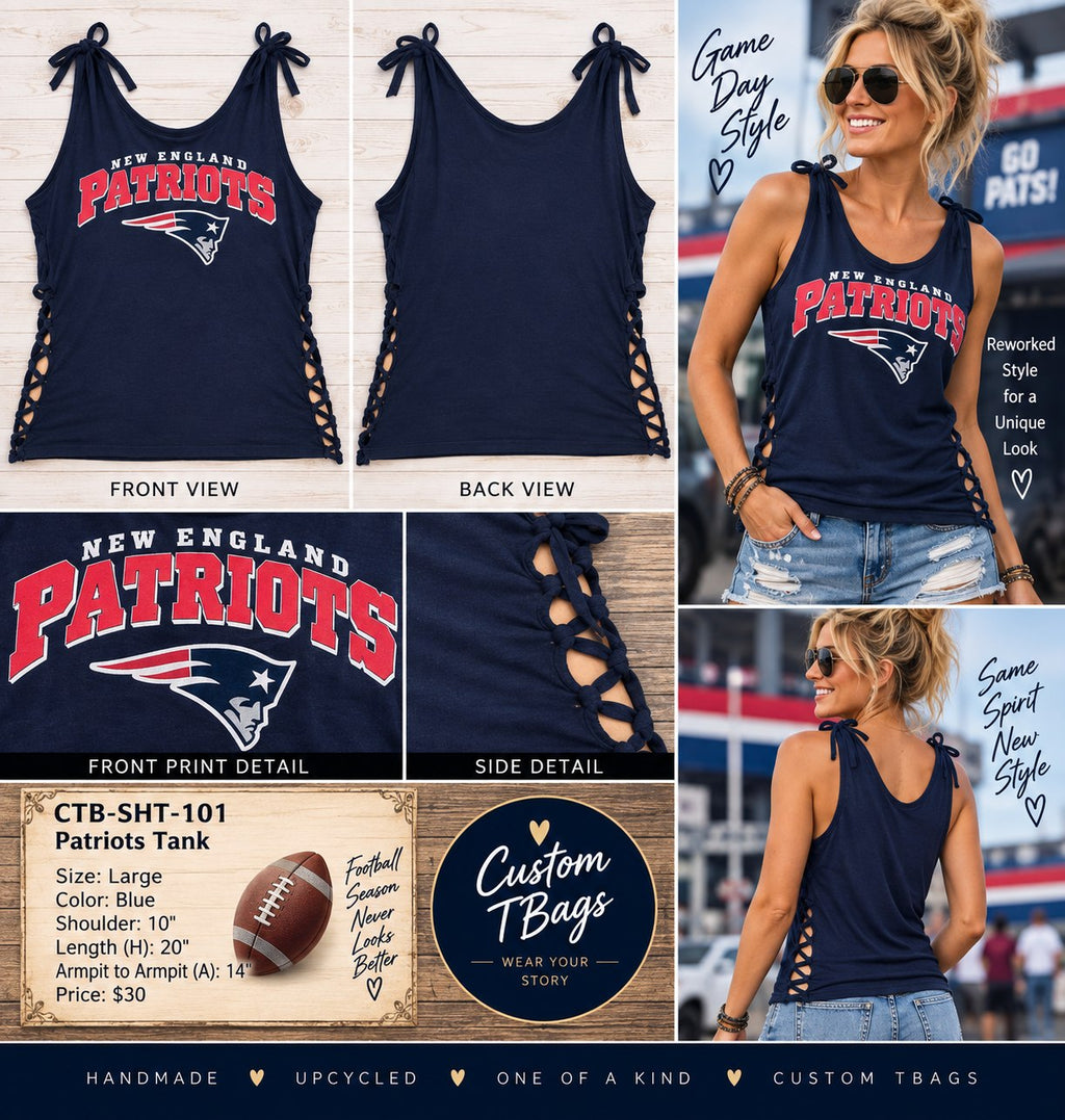 New England Patriots Lace-Up Side Tank – One-of-a-Kind Women’s Large Reworked Top - details and styling