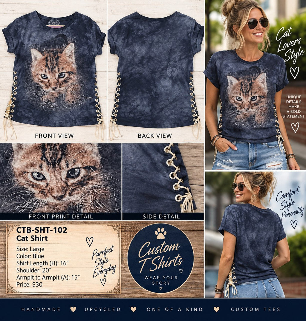 Pounce Cat Lace-Up Side Shirt – One-of-a-Kind Women’s Large Reworked Tee - details and styling
