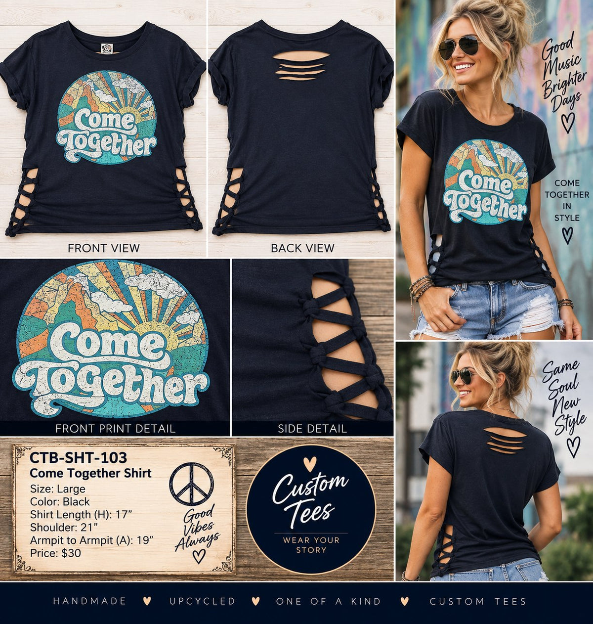 Come Together Side-Cut Shirt – One-of-a-Kind Women’s Large Reworked Tee - details and styling