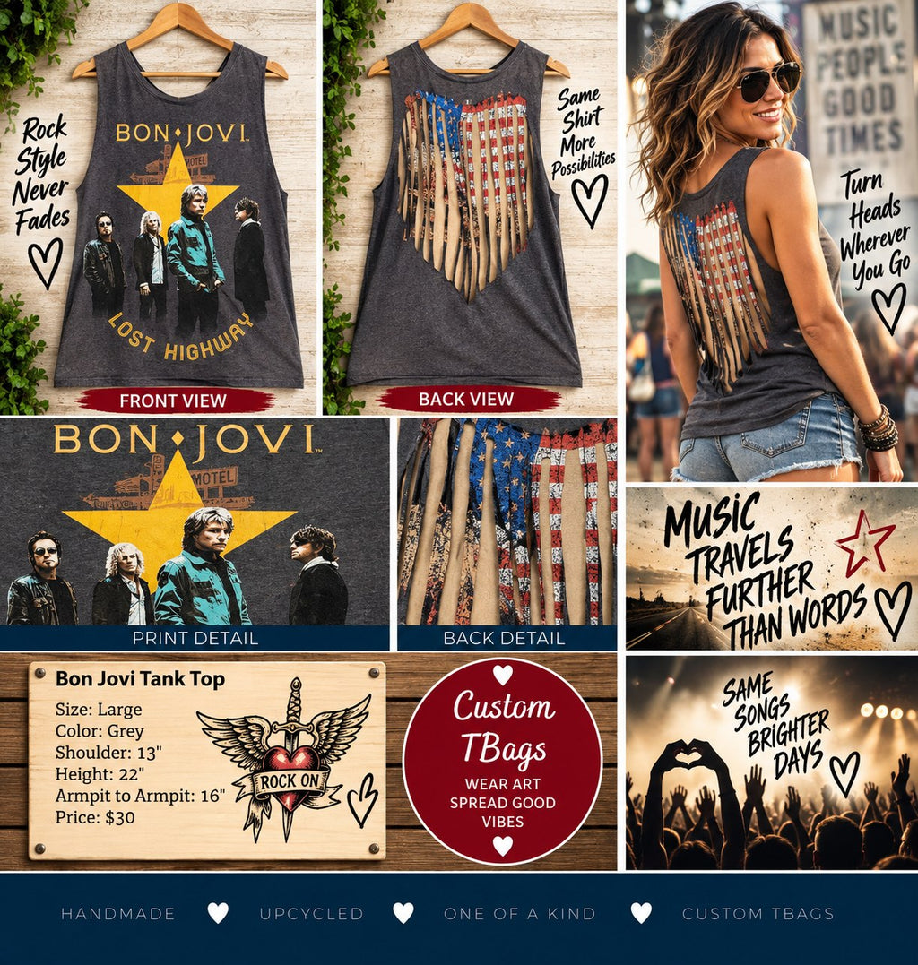 One-of-a-Kind Bon Jovi Upcycled Tank – Women’s Large - details and styling