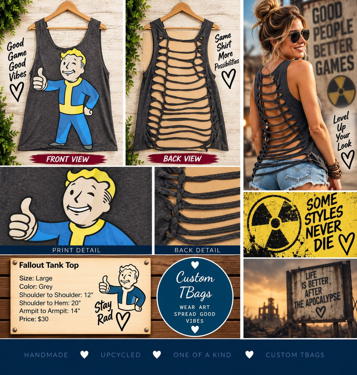 One-of-a-Kind Fallout Upcycled Tank – Women’s Large - details and styling