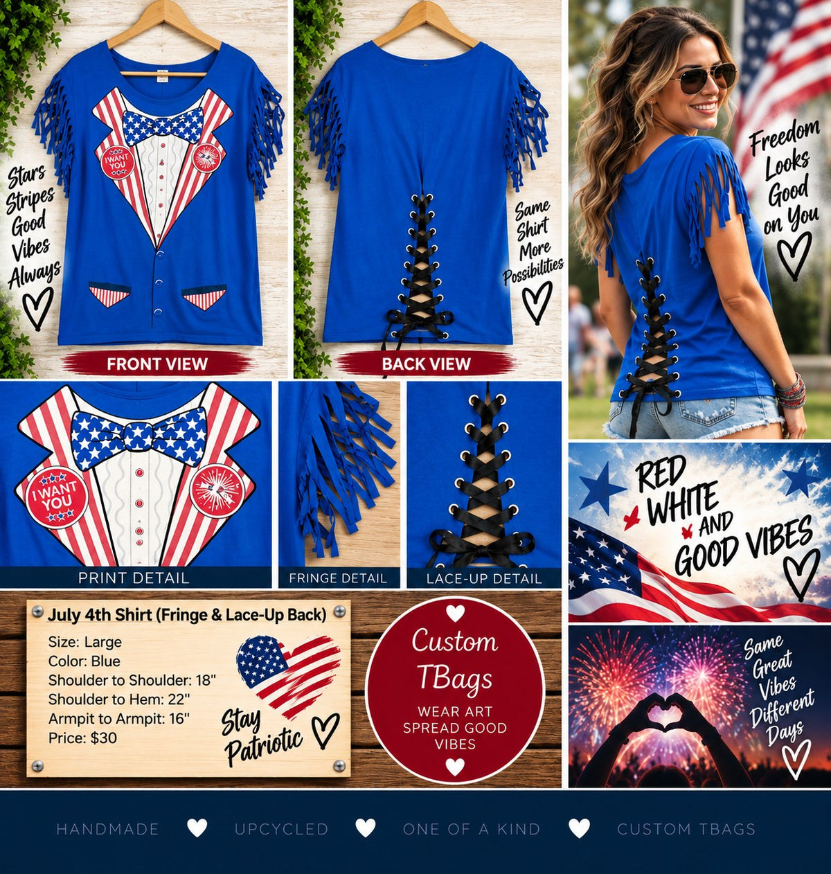 One-of-a-Kind July 4th Uncle Sam Upcycled Shirt – Women’s Large - details and styling
